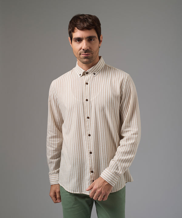 CAMISA MANGA LARGA CASUAL LOOK LINO RAYAS CUELLO BD CLASSIC FIT BEIGE RAYAS PV26