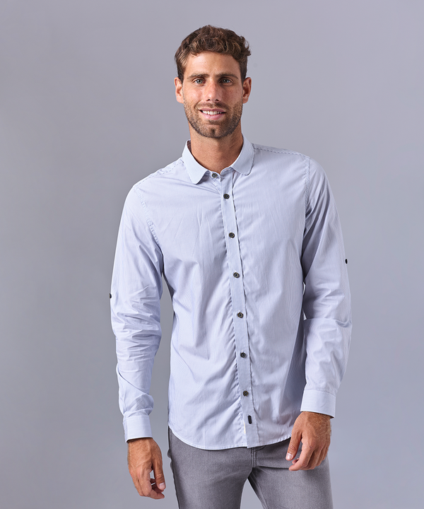 CAMISA MANGA LARGA CUELLO PUNTA REDONDO CLASSIC FIT GRIS RAYAS OI24