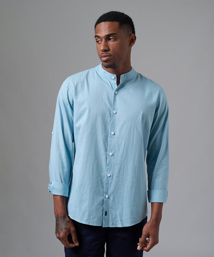 CAMISA MANGA LARGA LOOK LINO CUELLO STAND UP CLASSIC FIT ACERO PV25