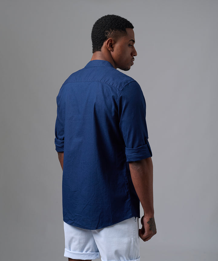 CAMISA MANGA LARGA LOOK LINO CUELLO STAND UP CLASSIC FIT AZUL MARINO PV25