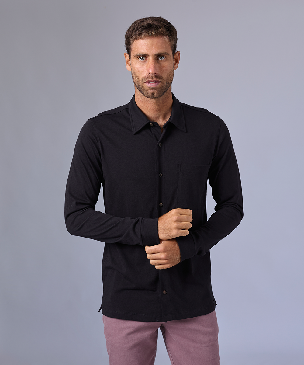 POLO MANGA LARGA JERSEY CUELLO CAMISERO NEGRO OI24 – MBO