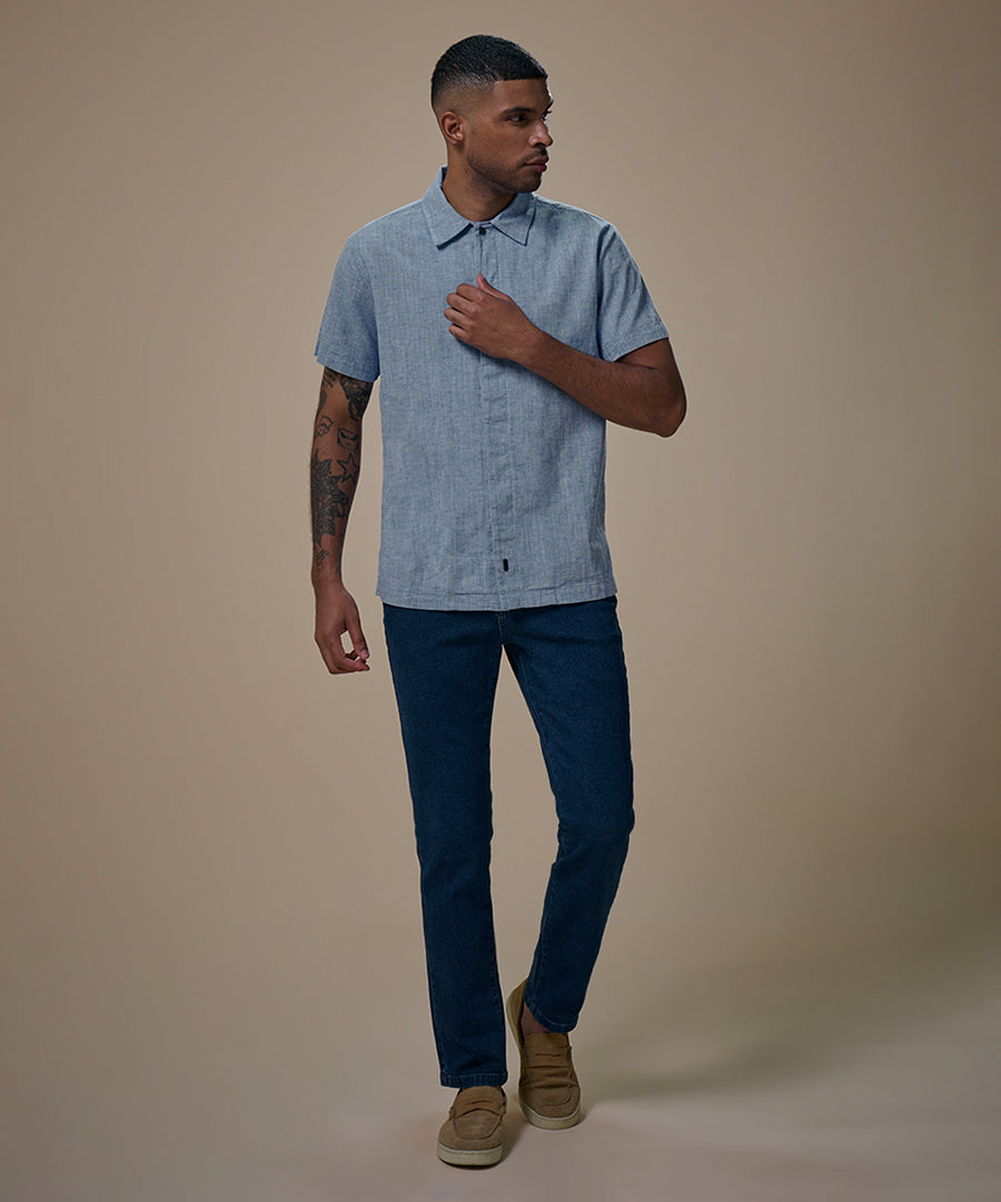 Camisa Look Lino Cuello Spread Pechera Oculta