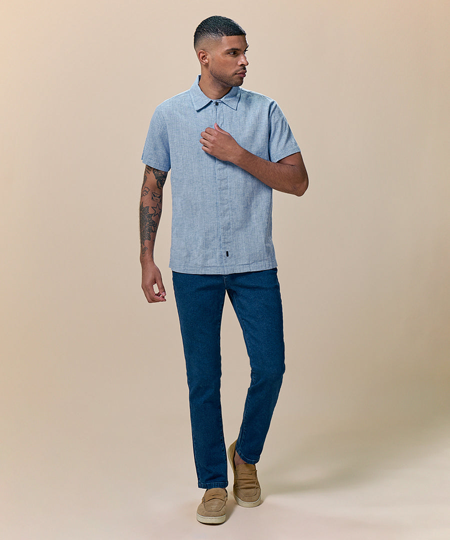 Camisa Look Lino Cuello Spread Pechera Oculta
