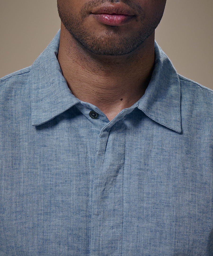 Camisa Look Lino Cuello Spread Pechera Oculta