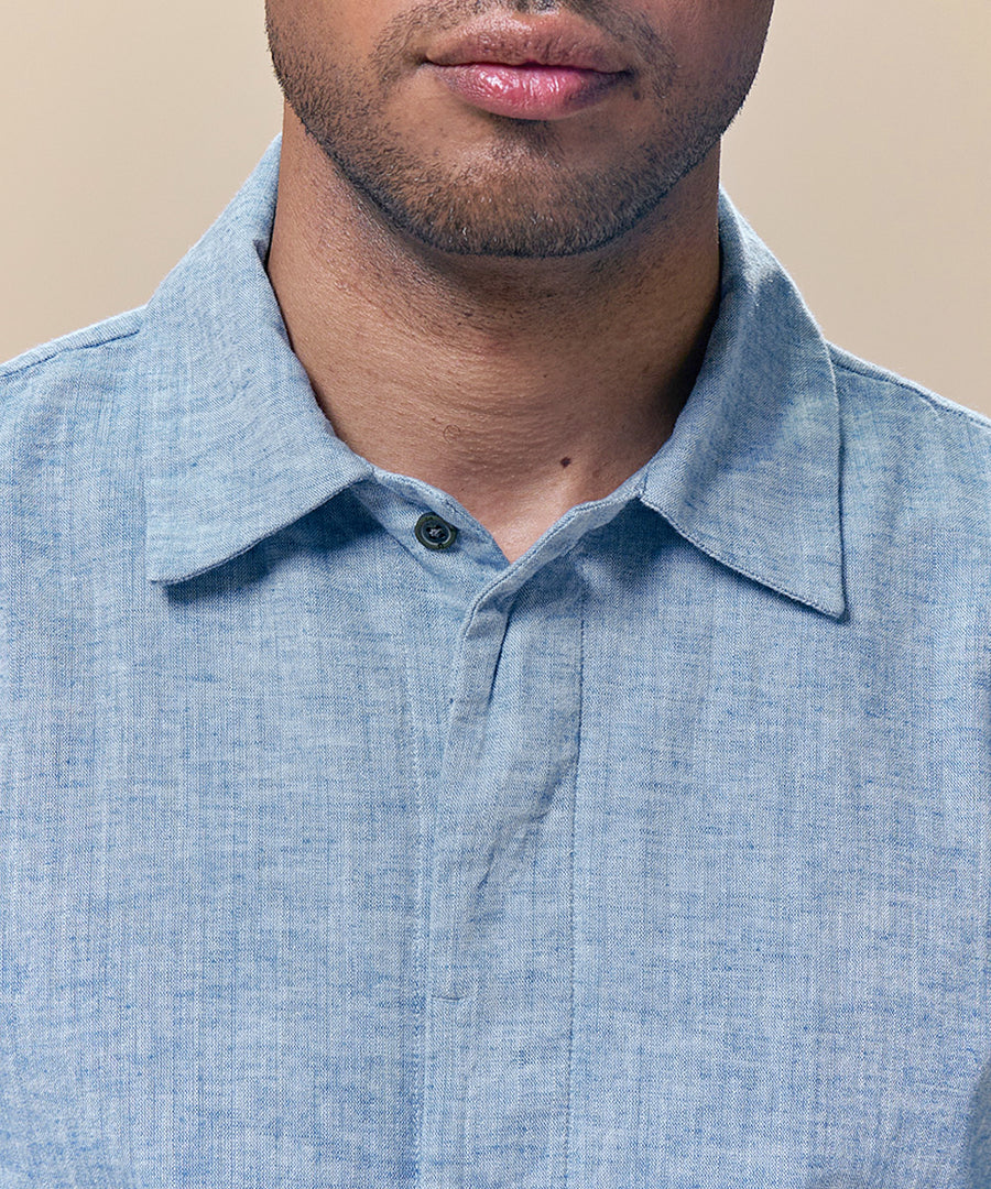 Camisa Look Lino Cuello Spread Pechera Oculta