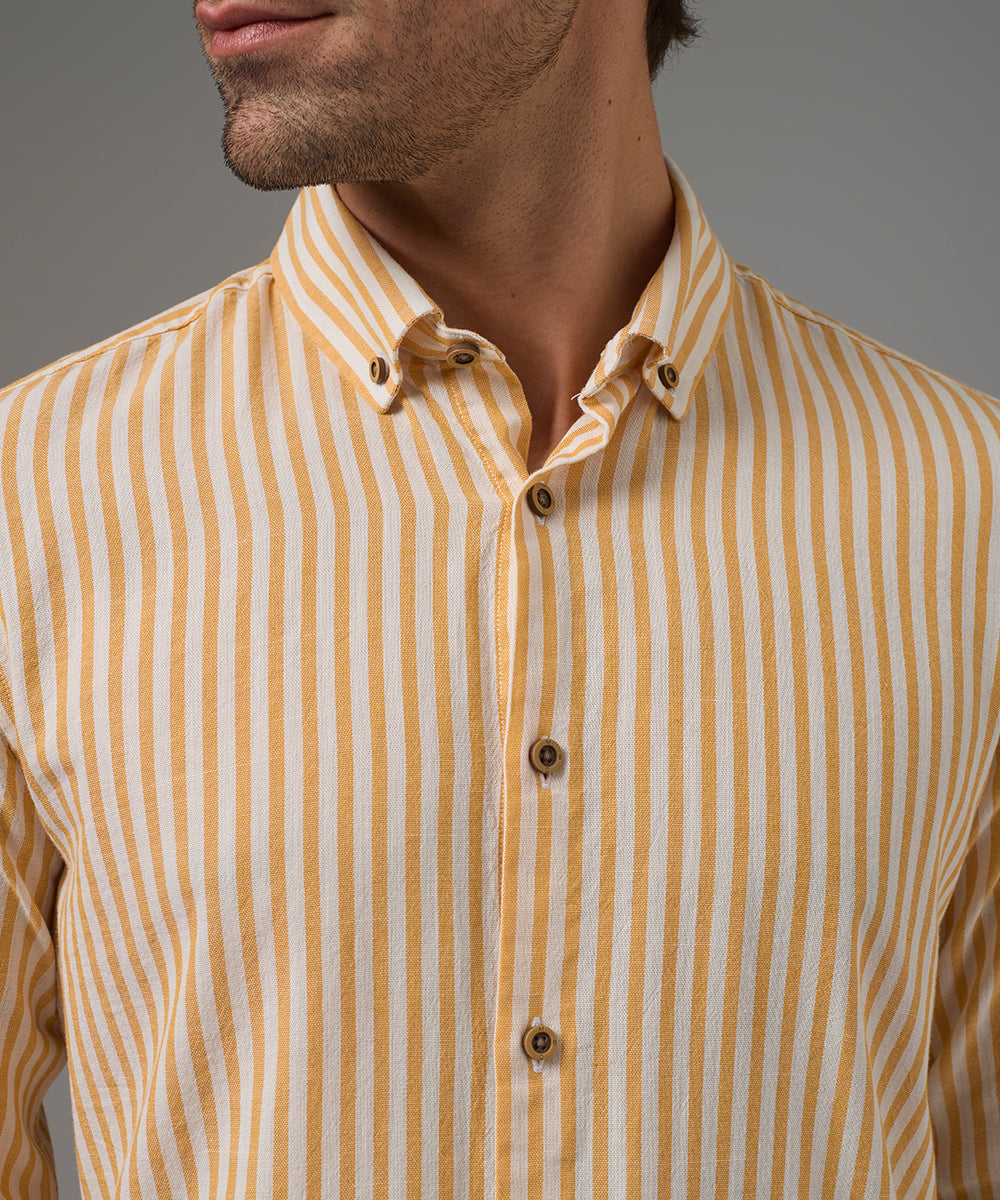 CAMISA MANGA LARGA CASUAL LOOK LINO RAYAS CUELLO BD CLASSIC FIT AMARILLO RAYAS PV26
