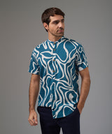 CAMISA MANGA CORTA LOOK LINO MEDIA PECHERA OCULTA CLASSIC FIT COBALTO ESTAMPADO PV26
