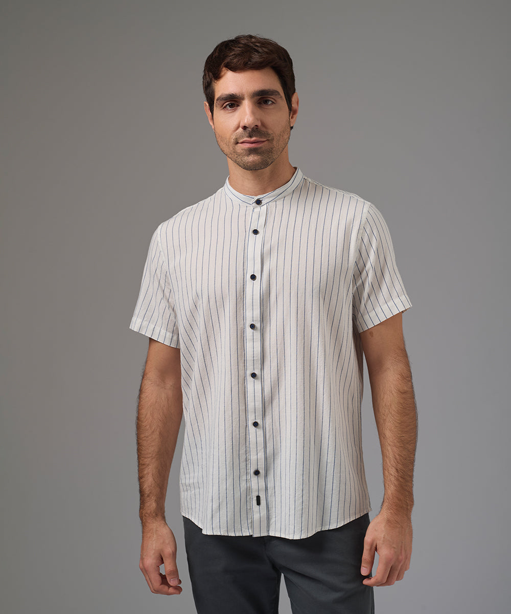 CAMISA MANGA CORTA CASUAL LOOK LINO CUELLO NERU CLASSIC FIT AZUL A RAYAS PV26