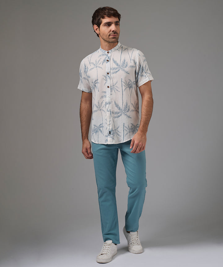 CAMISA MANGA CORTA LOOK LINO MEDIA PECHERA OCULTA CLASSIC FIT BLANCO ESTAMPADO PV26