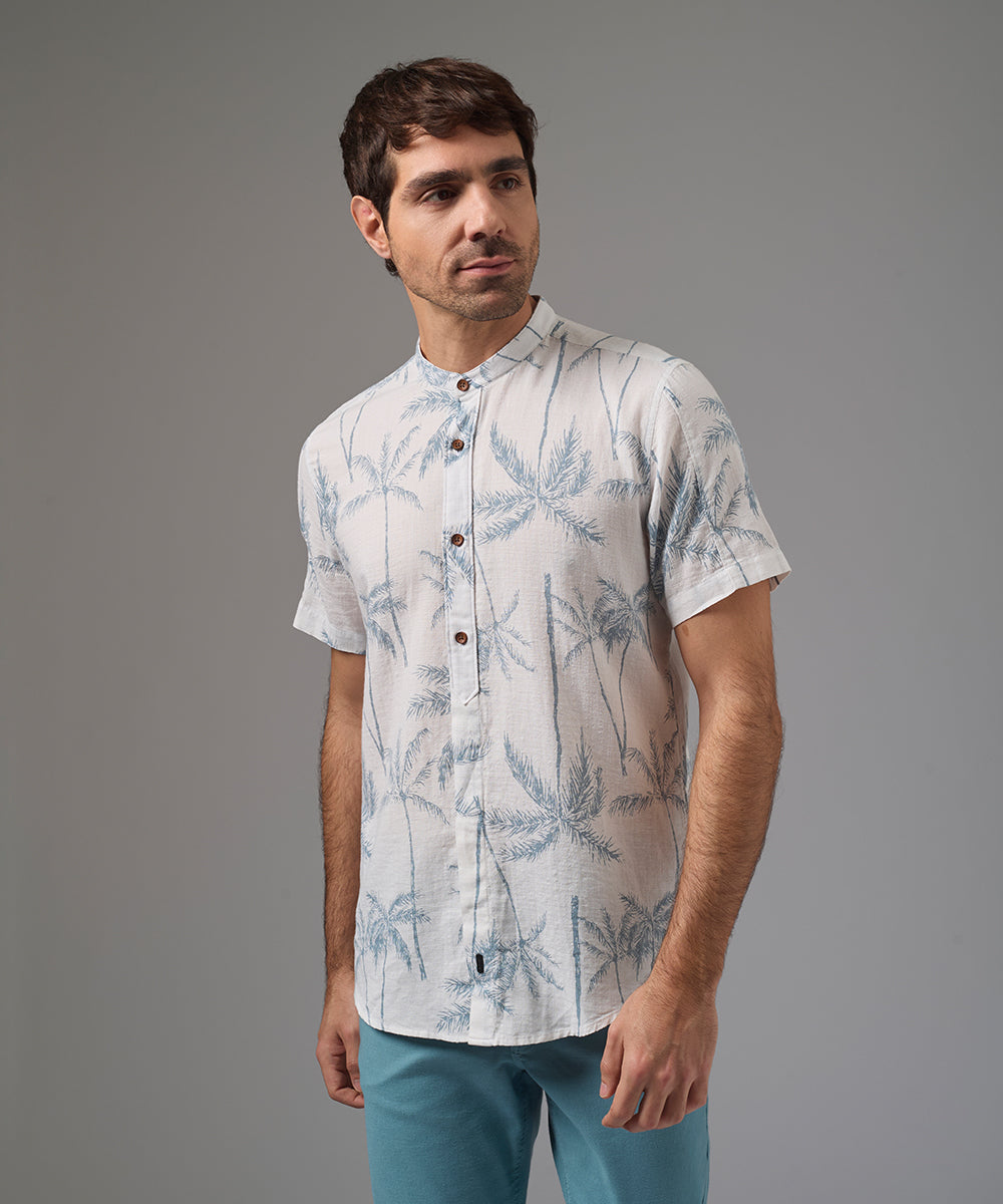 CAMISA MANGA CORTA LOOK LINO MEDIA PECHERA OCULTA CLASSIC FIT BLANCO ESTAMPADO PV26