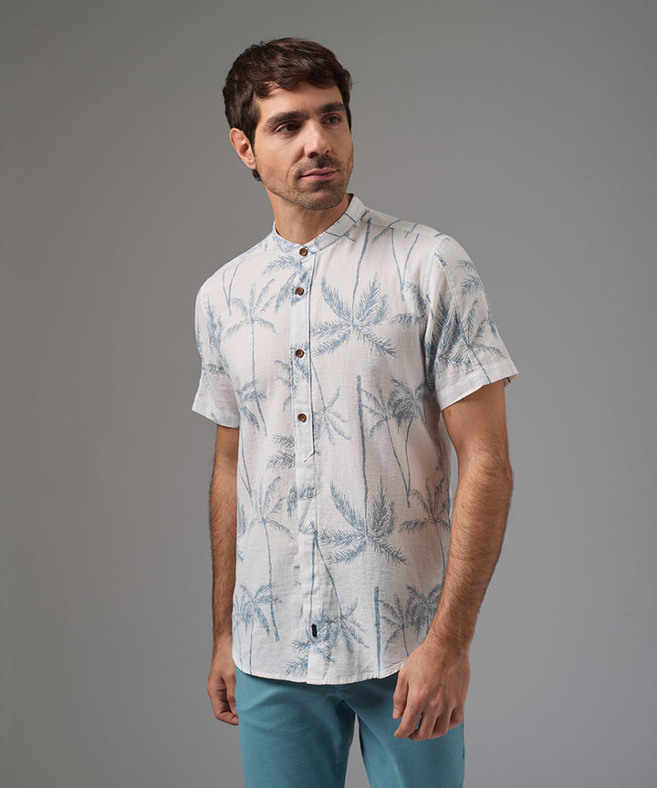 CAMISA MANGA CORTA LOOK LINO MEDIA PECHERA OCULTA CLASSIC FIT BLANCO ESTAMPADO PV26