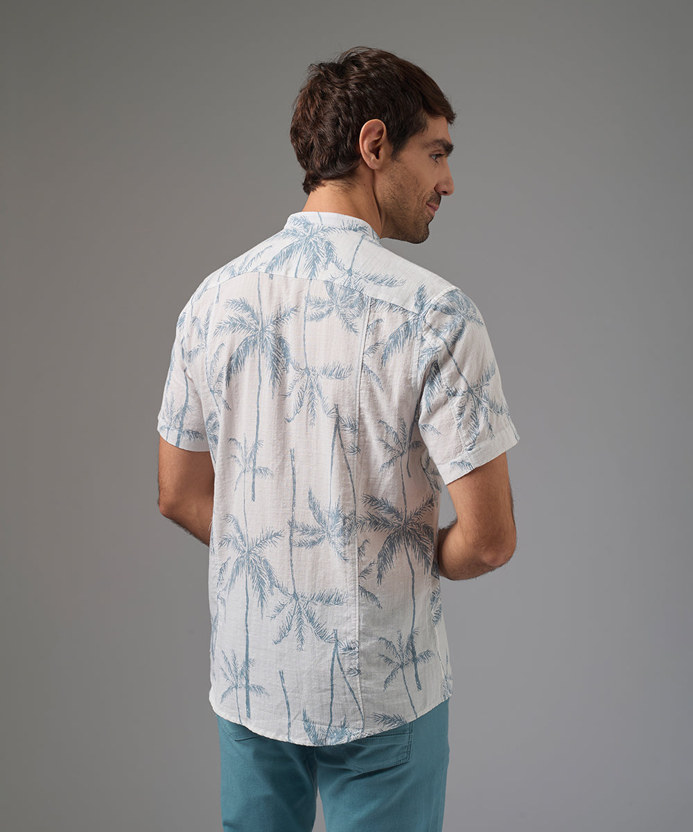 CAMISA MANGA CORTA LOOK LINO MEDIA PECHERA OCULTA CLASSIC FIT BLANCO ESTAMPADO PV26