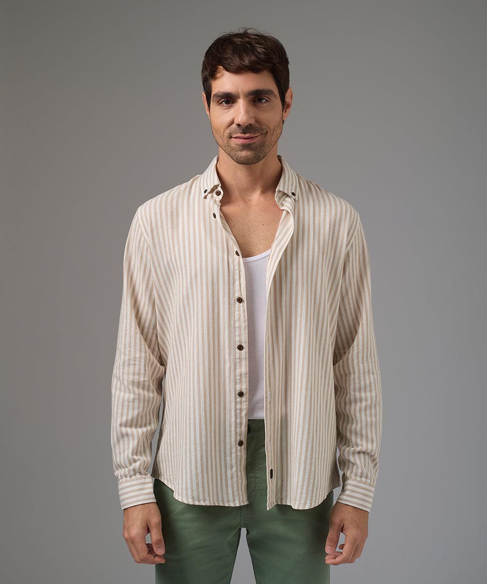 CAMISA MANGA LARGA CASUAL LOOK LINO RAYAS CUELLO BD CLASSIC FIT BEIGE RAYAS PV26