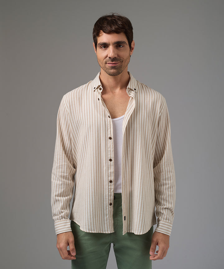 CAMISA MANGA LARGA CASUAL LOOK LINO RAYAS CUELLO BD CLASSIC FIT BEIGE RAYAS PV26