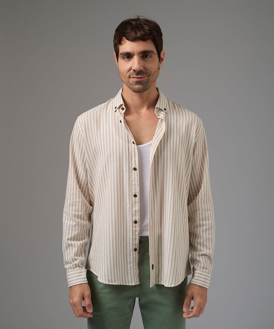CAMISA MANGA LARGA CASUAL LOOK LINO RAYAS CUELLO BD CLASSIC FIT BEIGE RAYAS PV26