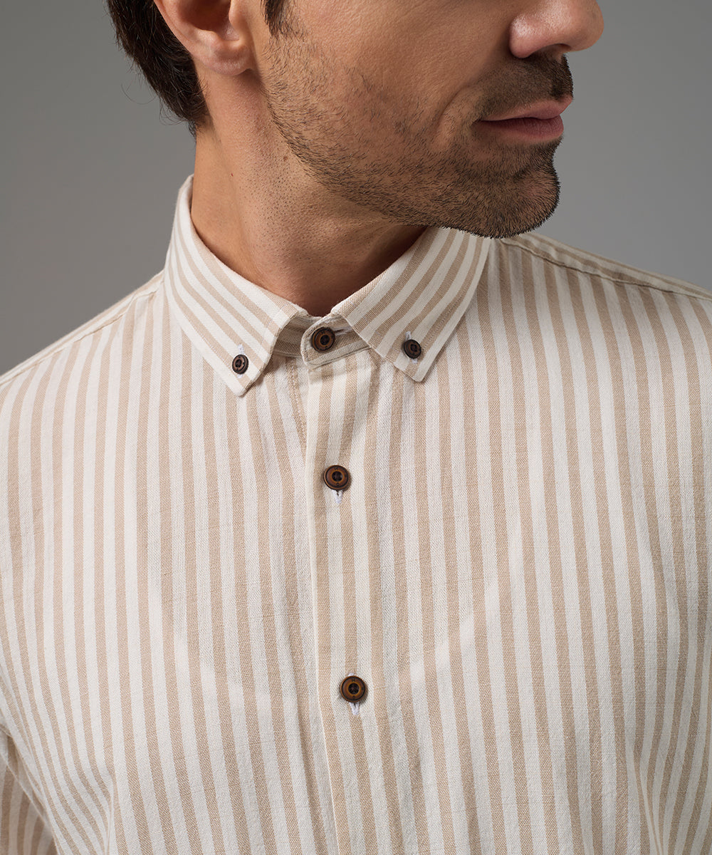 CAMISA MANGA LARGA CASUAL LOOK LINO RAYAS CUELLO BD CLASSIC FIT BEIGE RAYAS PV26
