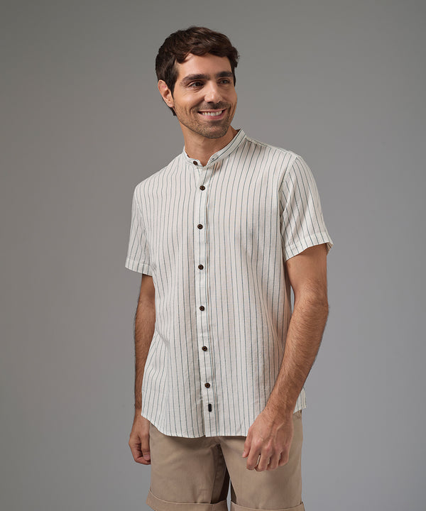 CAMISA MANGA CORTA CASUAL LOOK LINO CUELLO NERU CLASSIC FIT VERDE RAYAS PV26
