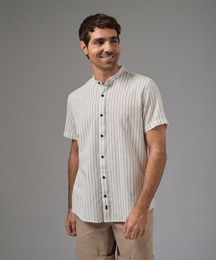 CAMISA MANGA CORTA CASUAL LOOK LINO CUELLO NERU CLASSIC FIT VERDE RAYAS PV26