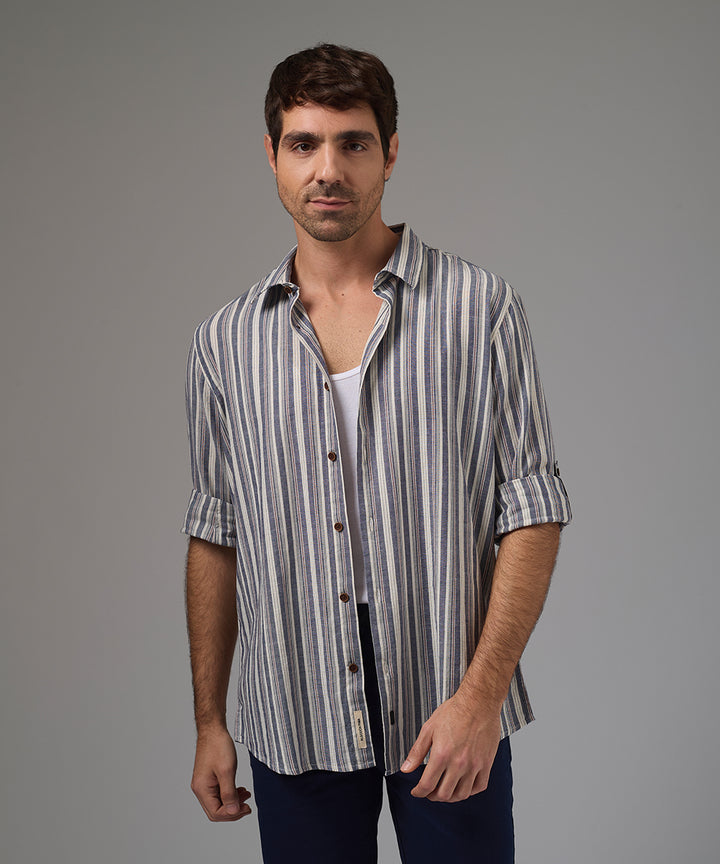 CAMISA MANGA LARGA CUELLO SPREAD SLIM FIT AZUL A RAYAS PV26