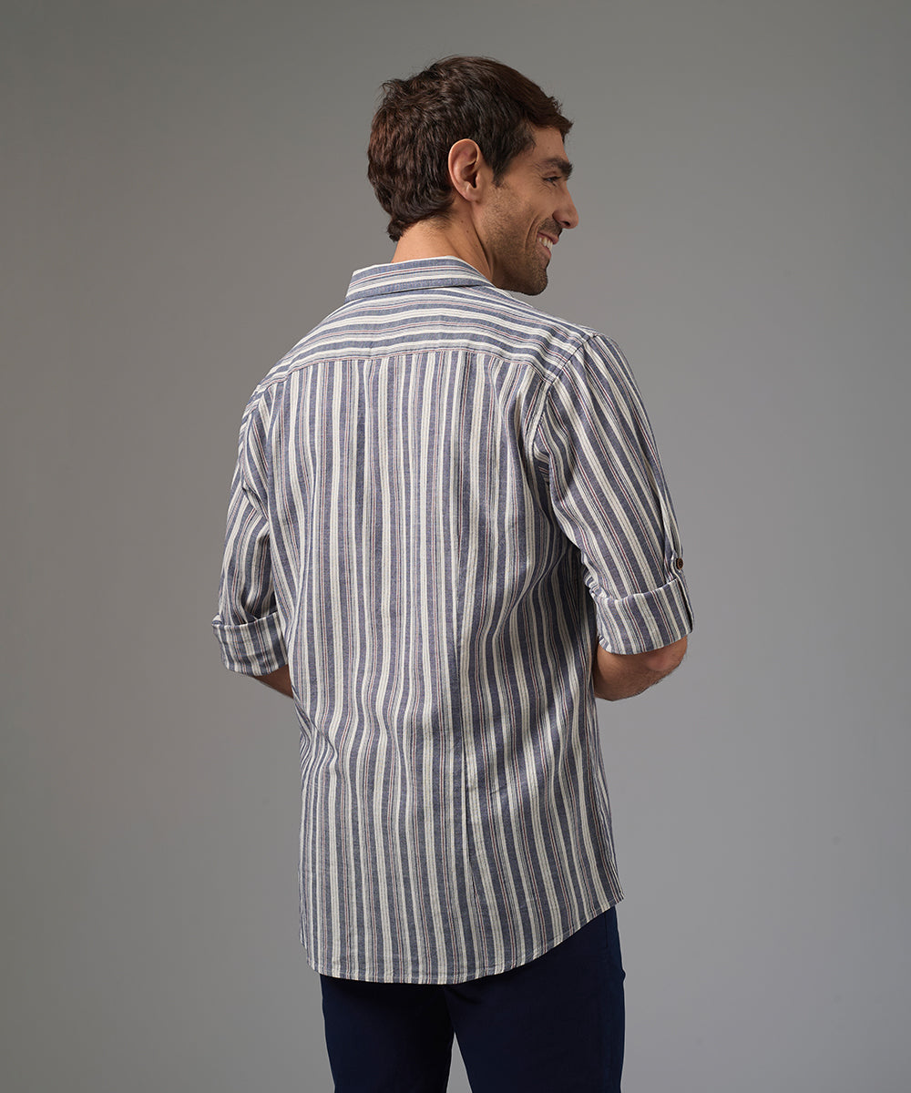 CAMISA MANGA LARGA CUELLO SPREAD SLIM FIT AZUL A RAYAS PV26