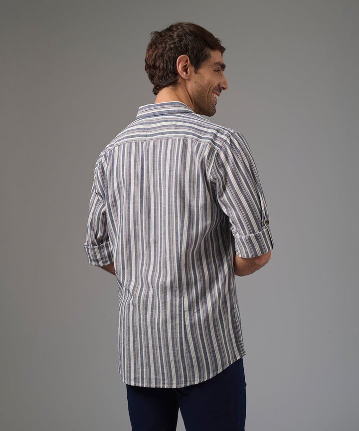 CAMISA MANGA LARGA CUELLO SPREAD SLIM FIT AZUL A RAYAS PV26