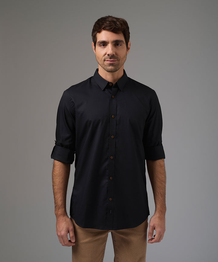 CAMISA MANGA LARGA CANESU EN CONTRASTE C.BD OCULTO ROLL UP SLIM FIT NEGRO PV26