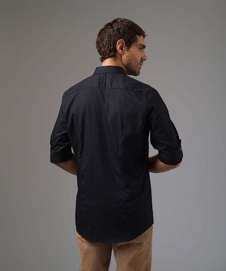 CAMISA MANGA LARGA CANESU EN CONTRASTE C.BD OCULTO ROLL UP SLIM FIT NEGRO PV26