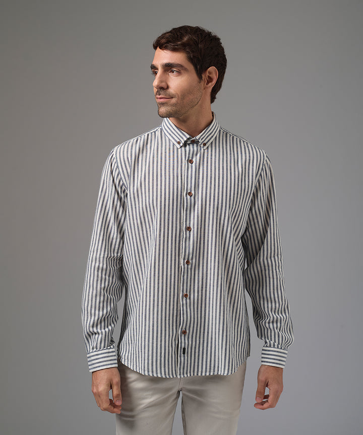 CAMISA MANGA LARGA CASUAL LOOK LINO RAYAS CUELLO BD CLASSIC FIT AZUL A RAYAS PV26