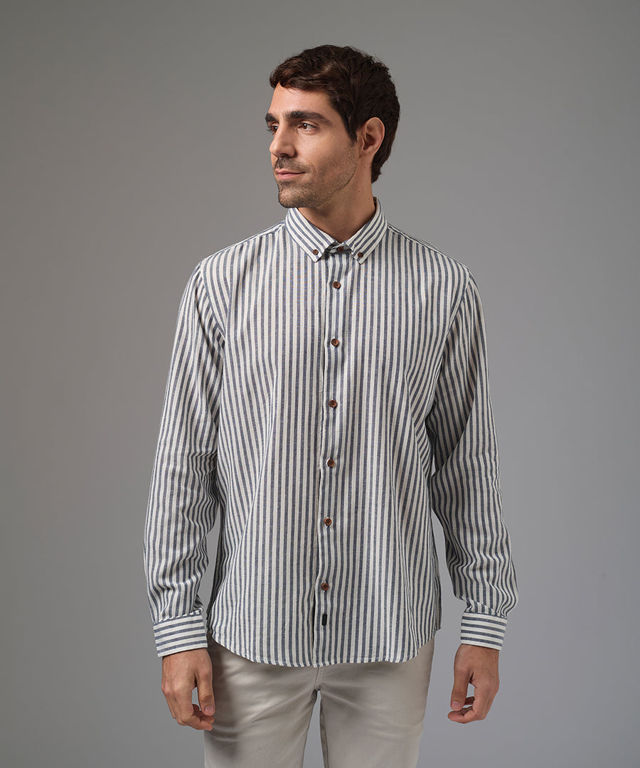 CAMISA MANGA LARGA CASUAL LOOK LINO RAYAS CUELLO BD CLASSIC FIT AZUL A RAYAS PV26