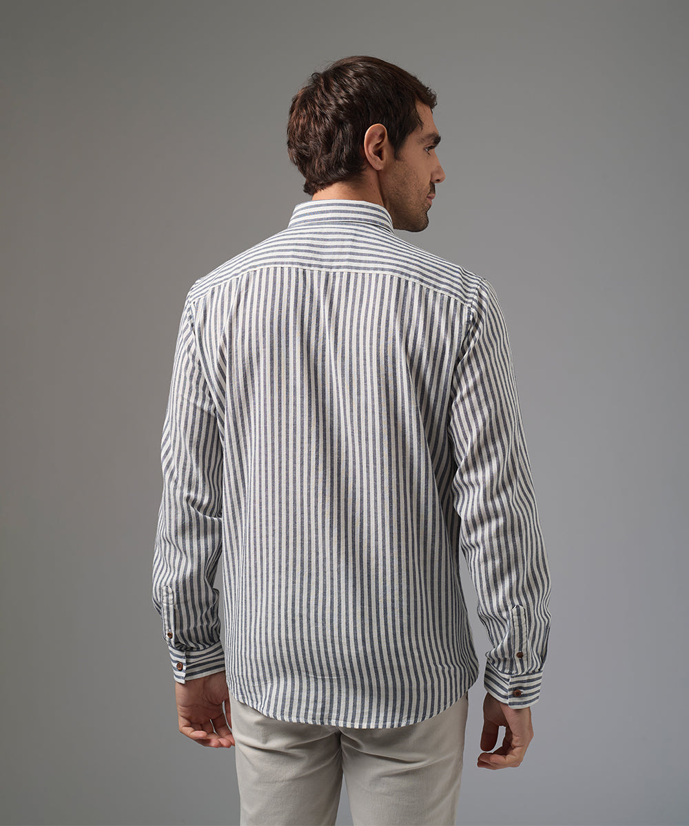 CAMISA MANGA LARGA CASUAL LOOK LINO RAYAS CUELLO BD CLASSIC FIT AZUL A RAYAS PV26