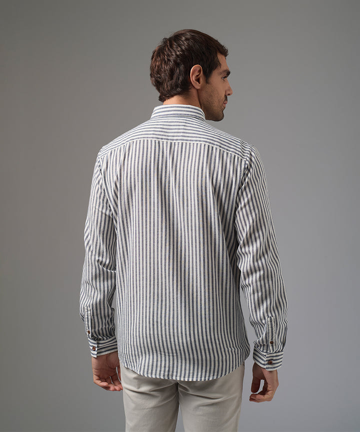 CAMISA MANGA LARGA CASUAL LOOK LINO RAYAS CUELLO BD CLASSIC FIT AZUL A RAYAS PV26