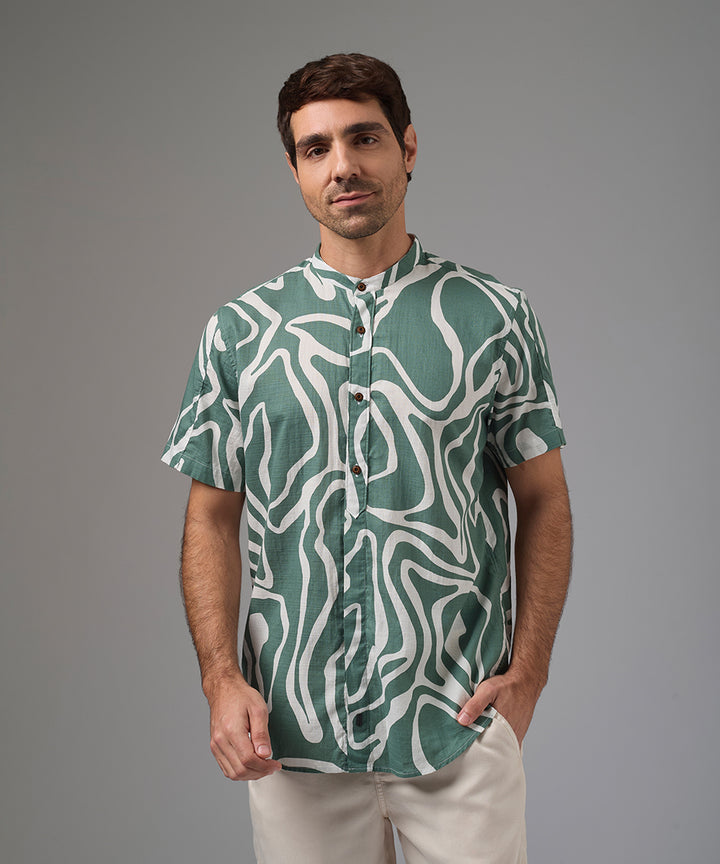 CAMISA MANGA CORTA LOOK LINO MEDIA PECHERA OCULTA CLASSIC FIT ESTAMPADO VERDE PV26