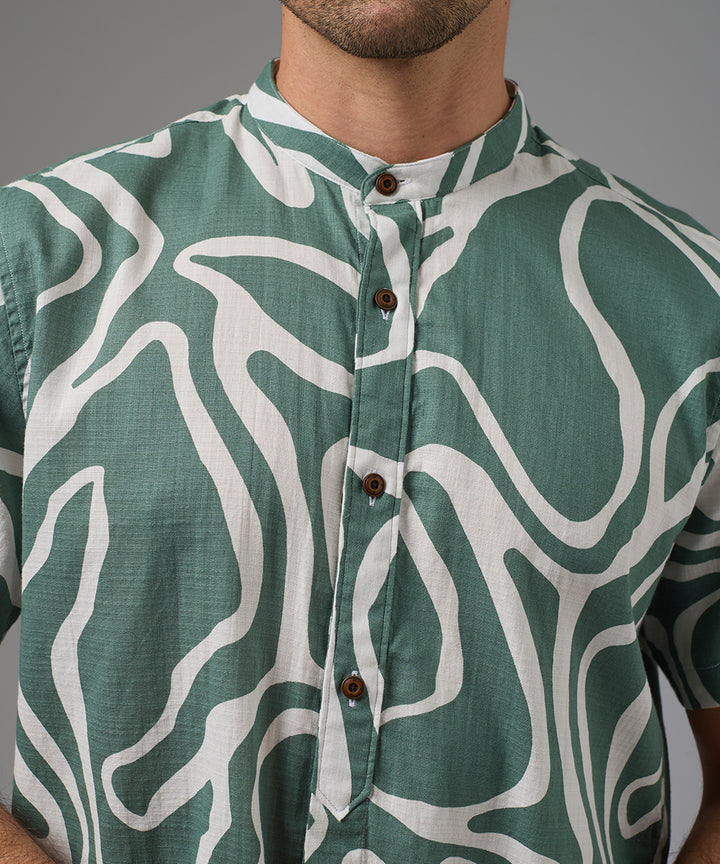 CAMISA MANGA CORTA LOOK LINO MEDIA PECHERA OCULTA CLASSIC FIT ESTAMPADO VERDE PV26