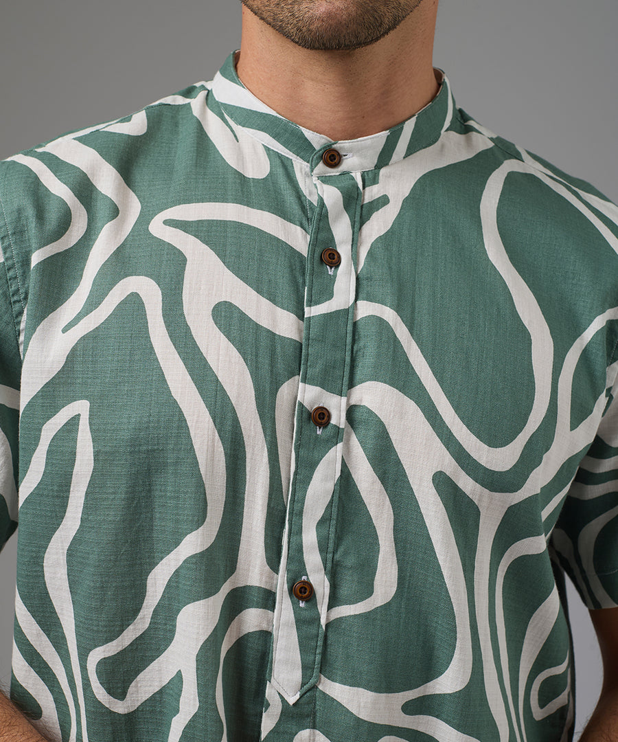 CAMISA MANGA CORTA LOOK LINO MEDIA PECHERA OCULTA CLASSIC FIT ESTAMPADO VERDE PV26