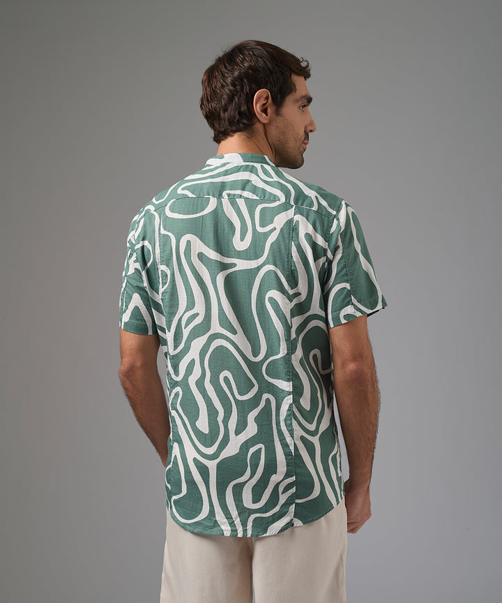 CAMISA MANGA CORTA LOOK LINO MEDIA PECHERA OCULTA CLASSIC FIT ESTAMPADO VERDE PV26