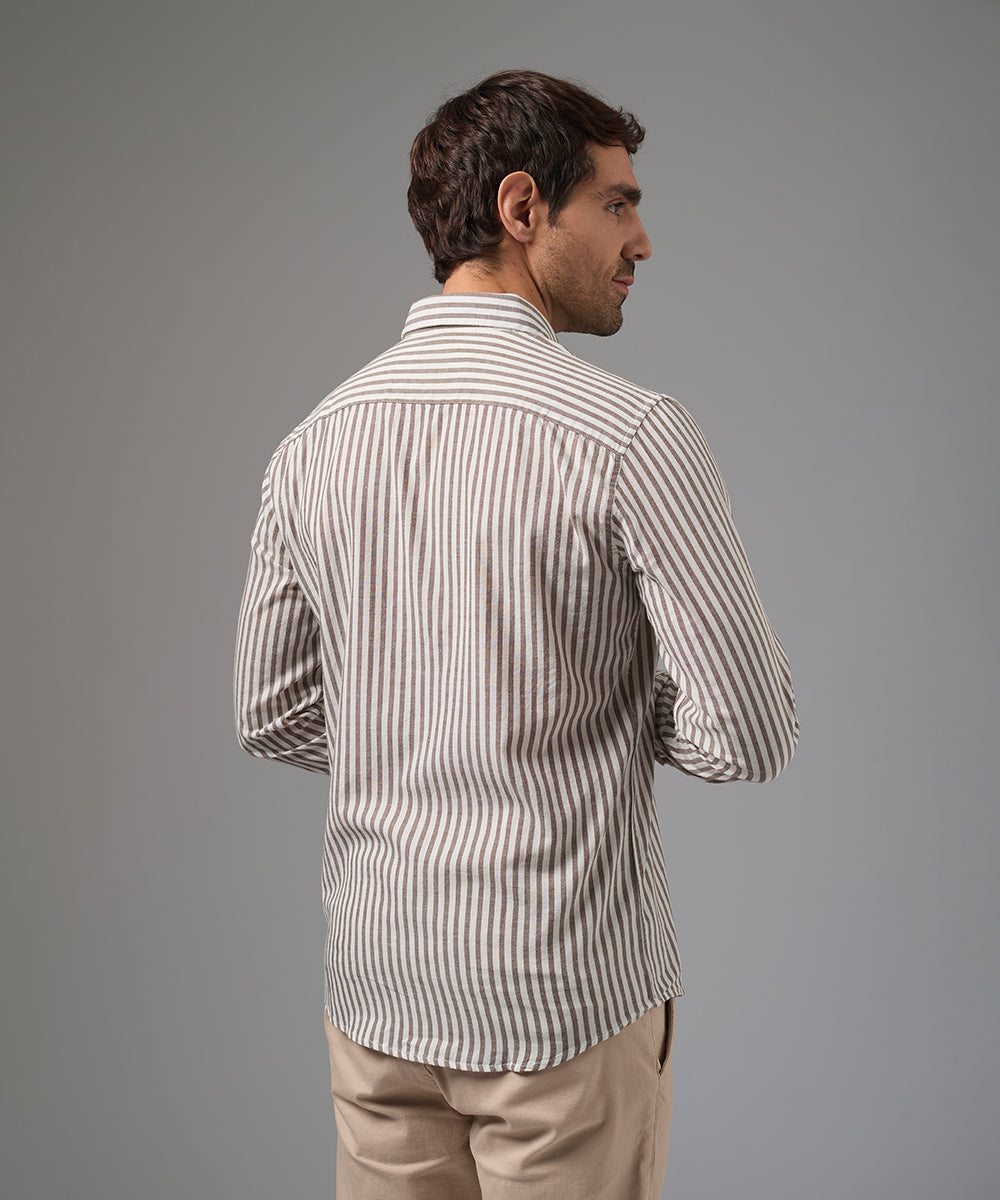 CAMISA MANGA LARGA CASUAL LOOK LINO RAYAS CUELLO BD CLASSIC FIT MARRON RAYAS PV26