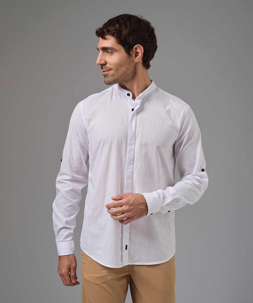 CAMISA MANGA LARGA ROLL UP CASUAL LOOK LINO CR C.NERU CLASSIC FIT BLANCO PV26