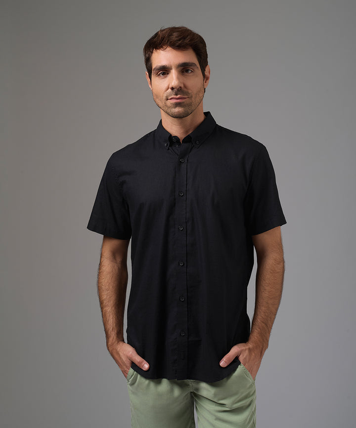 CAMISA MANGA CORTA CASUAL LOOK LINO CR BUTTON DOWN CLASSIC FIT NEGRO PV26