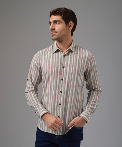 CAMISA MANGA LARGA LOOK LINO CUELLO SPREAD SLIM FIT GUINDA A RAYAS PV26