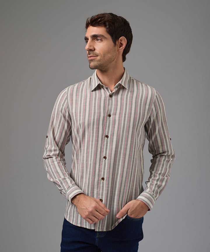 CAMISA MANGA LARGA CUELLO SPREAD SLIM FIT GUINDA A RAYAS PV26