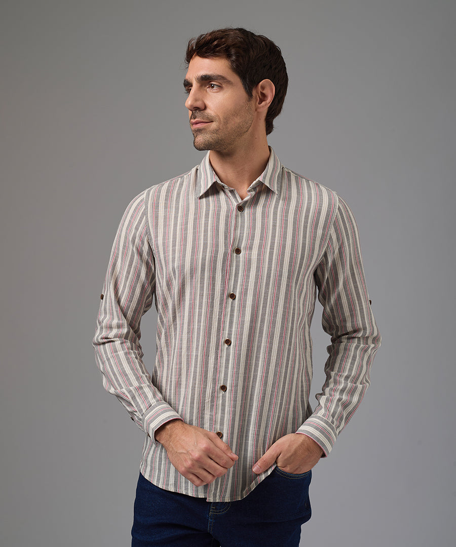 CAMISA MANGA LARGA LOOK LINO CUELLO SPREAD SLIM FIT GUINDA A RAYAS PV26