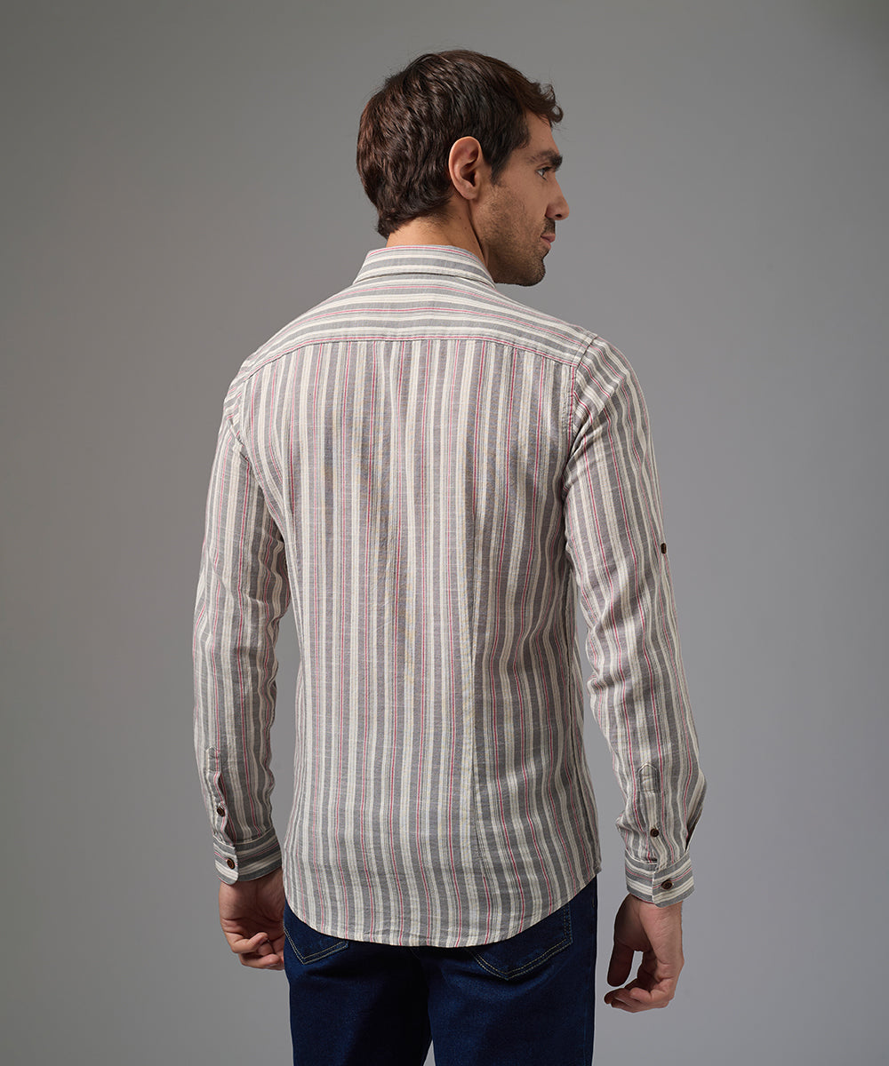 CAMISA MANGA LARGA CUELLO SPREAD SLIM FIT GUINDA A RAYAS PV26