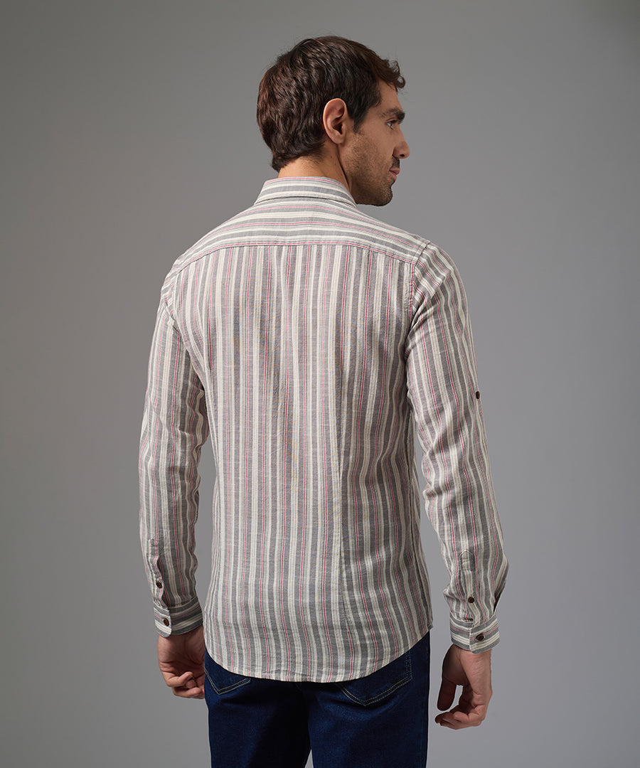 CAMISA MANGA LARGA LOOK LINO CUELLO SPREAD SLIM FIT GUINDA A RAYAS PV26