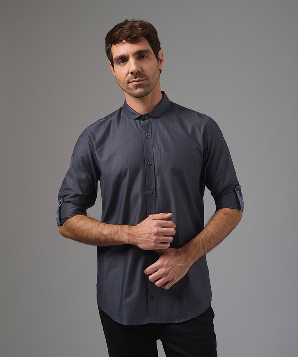 CAMISA MANGA LARGA OXFORD CUELLO CORTO REDONDEADO SLIM FIT PLOMO PV26