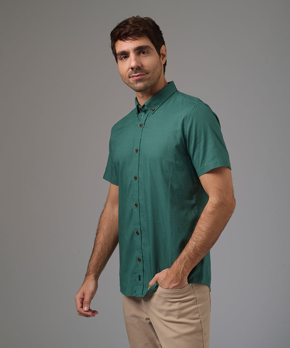 CAMISA MANGA CORTA CASUAL LOOK LINO CR BUTTON DOWN CLASSIC FIT VERDE BOTELLA PV26