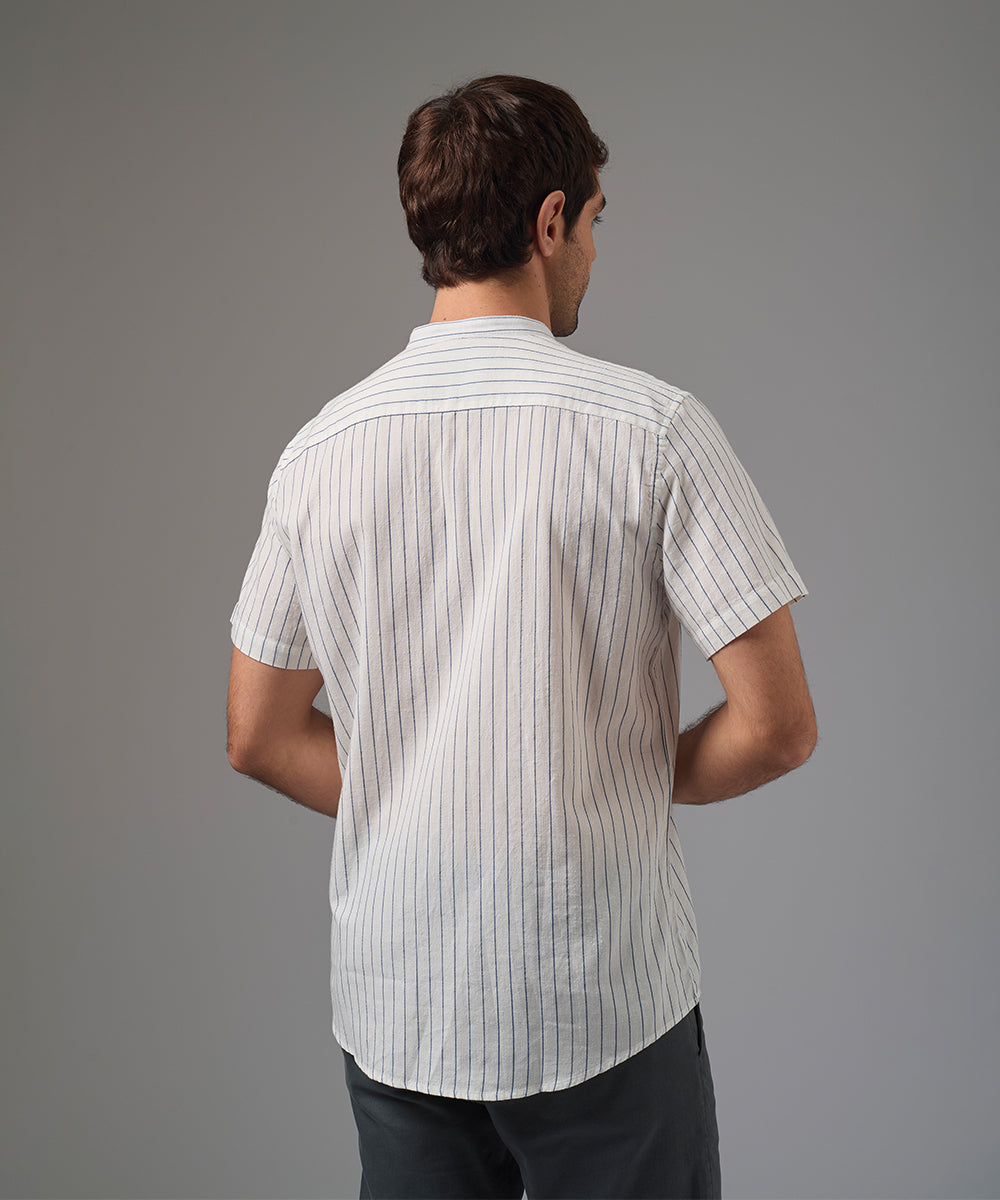 CAMISA MANGA CORTA CASUAL LOOK LINO CUELLO NERU CLASSIC FIT AZUL A RAYAS PV26