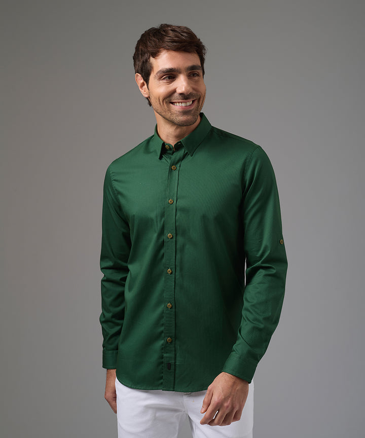 CAMISA MANGA LARGA CANESU EN CONTRASTE C.BD OCULTO ROLL UP SLIM FIT VERDE BOTELLA PV26