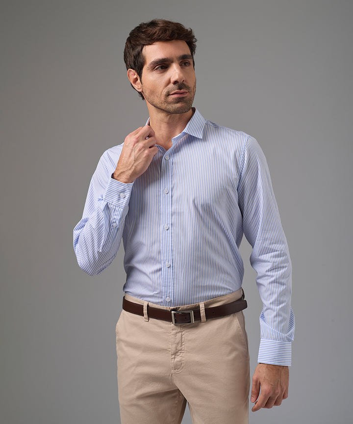 CAMISA MANGA LARGA DE VESTIR CUELLO SPREAD AZUL A RAYAS PV26