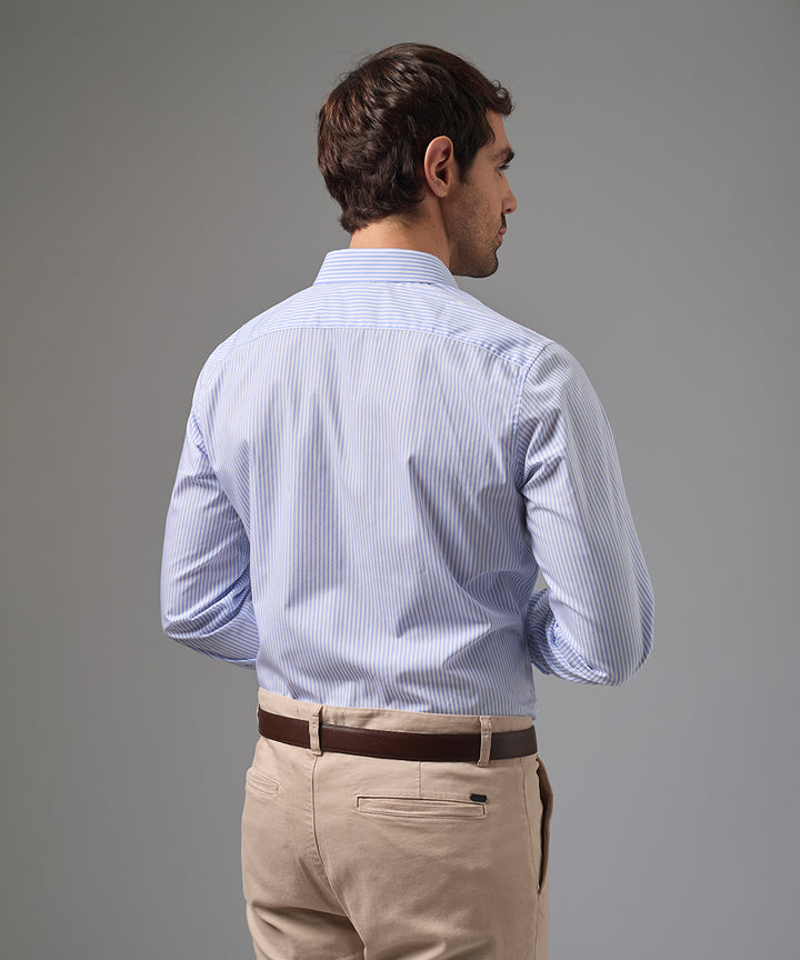 CAMISA MANGA LARGA DE VESTIR CUELLO SPREAD AZUL A RAYAS PV26