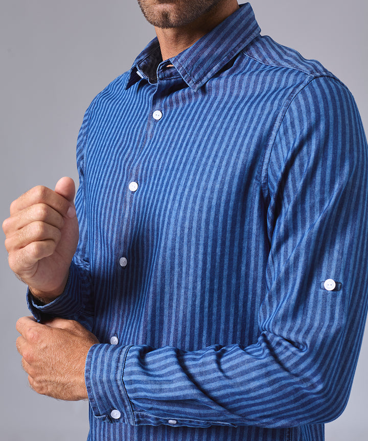 CAMISA MANGA LARGA DENIM A RAYAS CLASSIC FIT AZUL A RAYAS OI24